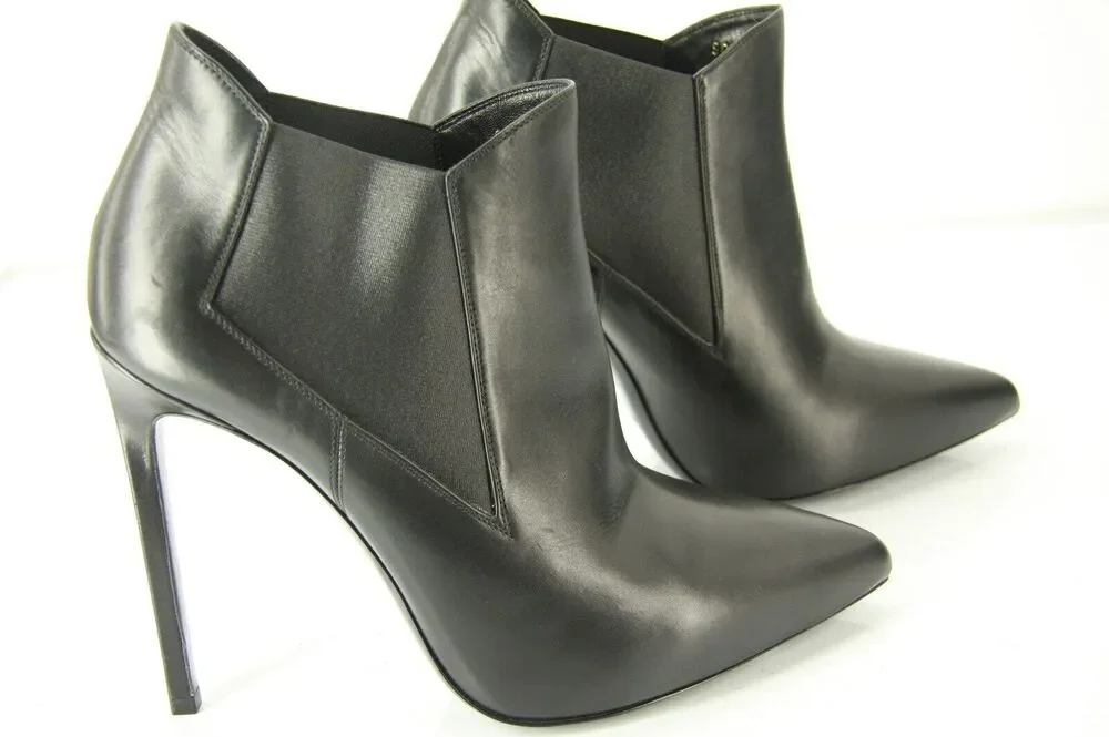 Saint Laurent Black Leather Paris Pointed Toe Ankle Boots Size 39.5 NIB YSL Yves